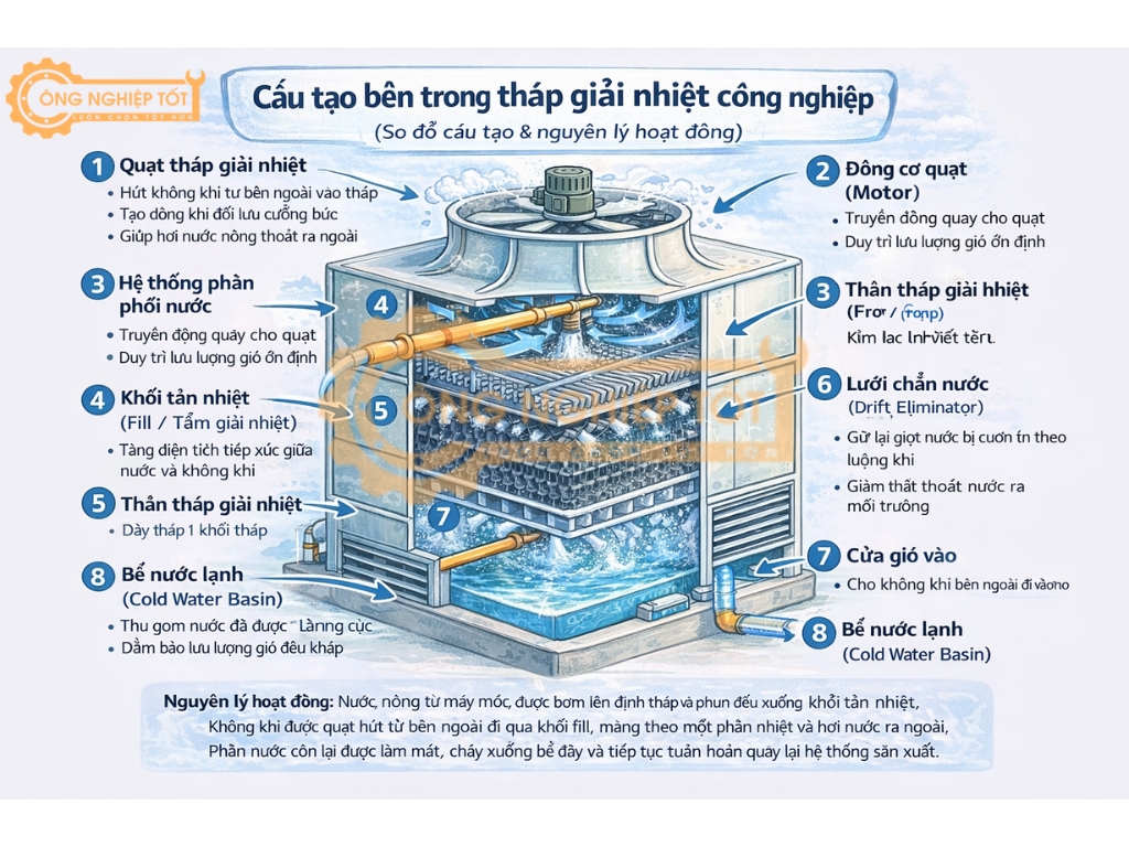 Cấu tạo bên trong tháp giải nhiệt công nghiệp